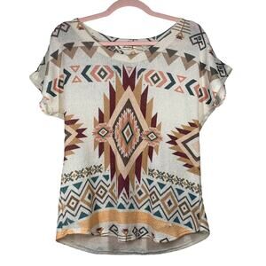 SAGE USA Cream Red Gold Peach Southwestern Print Short Sleeve Blouse Medium